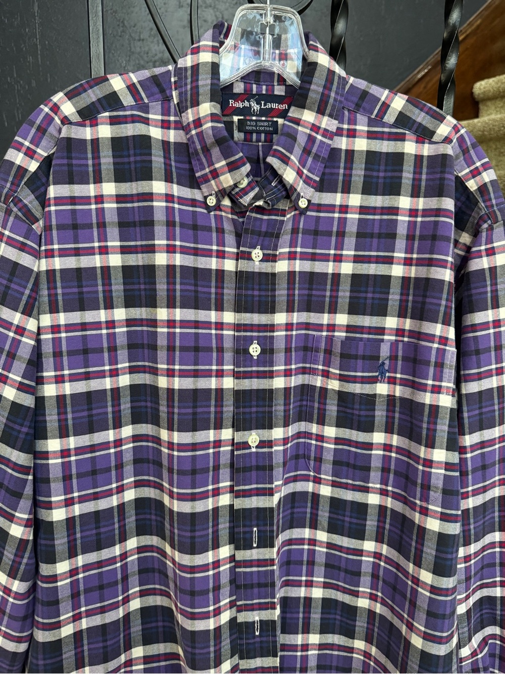 Men’s Medium Ralph Lauren Purple and White Plaid Button-Down Shirt